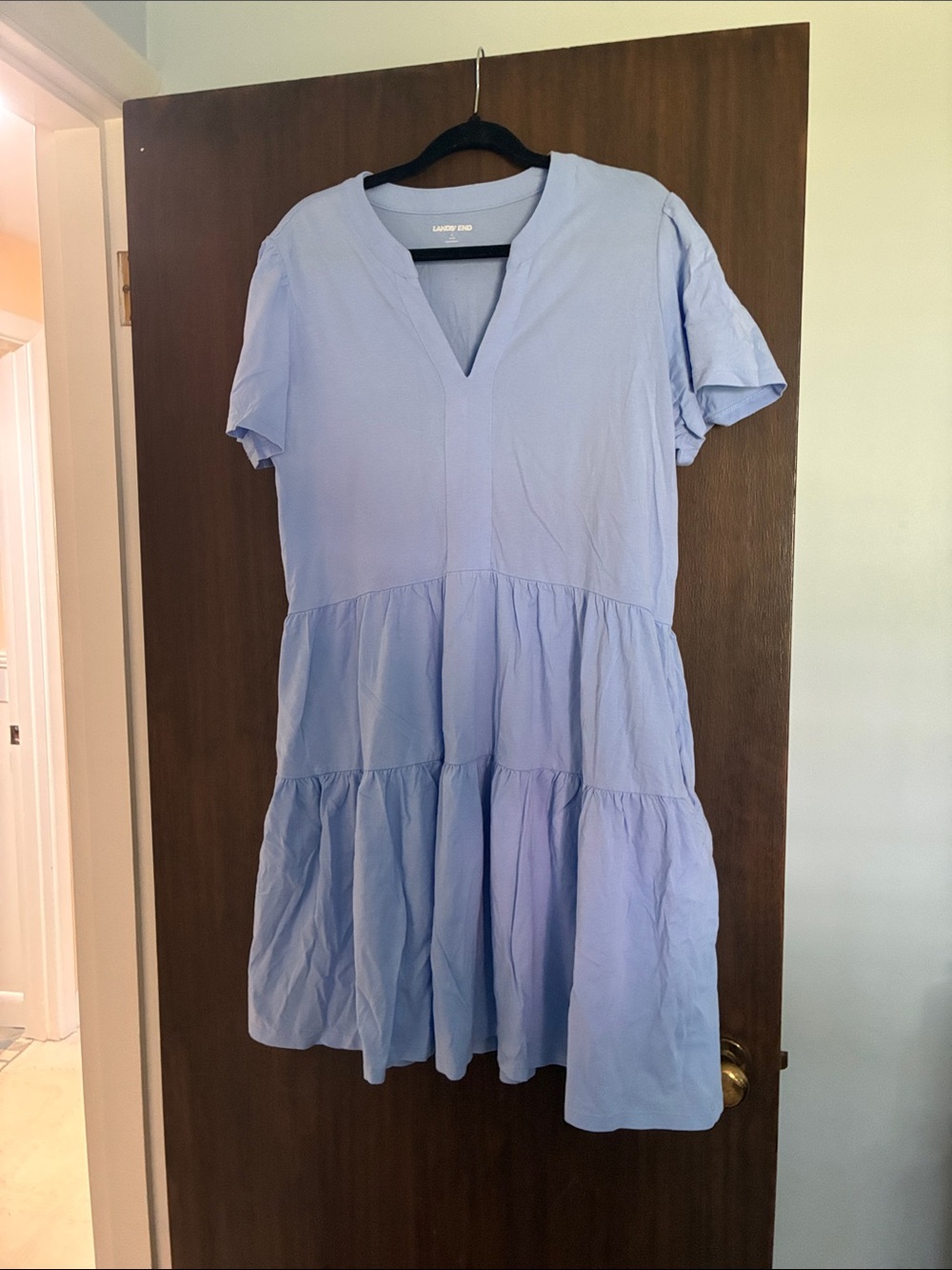 Lands' End Light Blue Tiered V-Neck Mini Dress